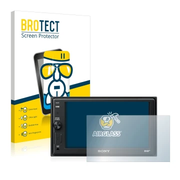 Front side of a product packaging with the brand logo BROTECT. Next to it is the device Sony XAV-AX1005DB shown with the corre
