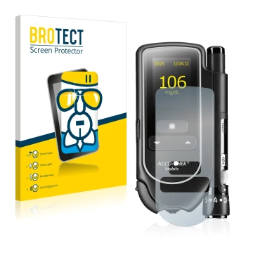 Front side of a product packaging with the brand logo BROTECT. Next to it is the device Accu-Chek Mobile shown with the corres