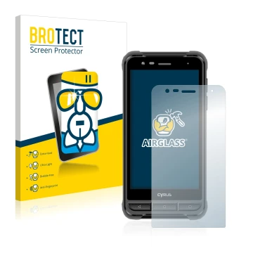 Front side of a product packaging with the brand logo BROTECT. Next to it is the device Cyrus CS22 XA shown with the correspon