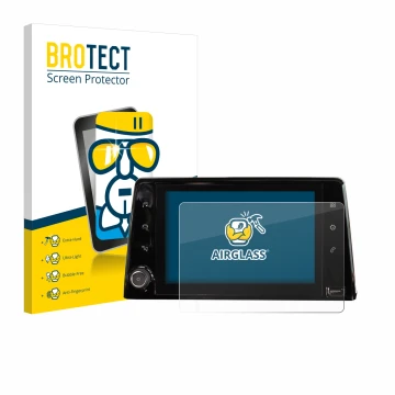 Front side of a product packaging with the brand logo BROTECT. Next to it is the device Peugeot Rifter 2019 Infotainment Syste