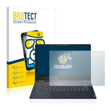 Front side of a product packaging with the brand logo BROTECT. Next to it is the device Lenovo IdeaPad C340 14