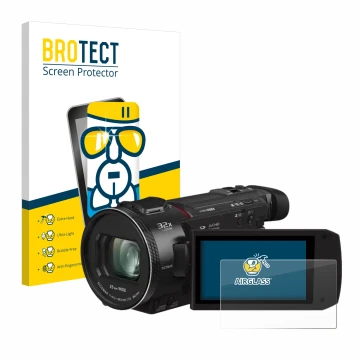 Front side of a product packaging with the brand logo BROTECT. Next to it is the device Panasonic HC-VXF11 shown with the corr