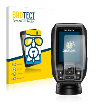 Front side of a product packaging with the brand logo BROTECT. Next to it is the device Garmin Striker 4 shown with the corres