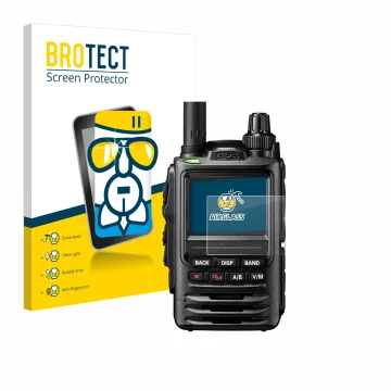 Front side of a product packaging with the brand logo BROTECT. Next to it is the device Yaesu FT-3D shown with the correspondi