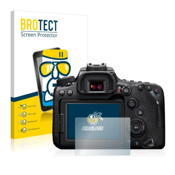 Front side of a product packaging with the brand logo BROTECT. Next to it is the device Canon EOS 90D shown with the correspon