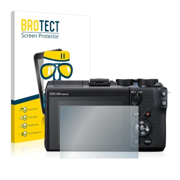 Front side of a product packaging with the brand logo BROTECT. Next to it is the device Canon EOS M6 Mark II shown with the co