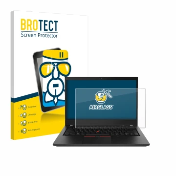 Front side of a product packaging with the brand logo BROTECT. Next to it is the device Lenovo ThinkPad T490 Non-Touch shown w