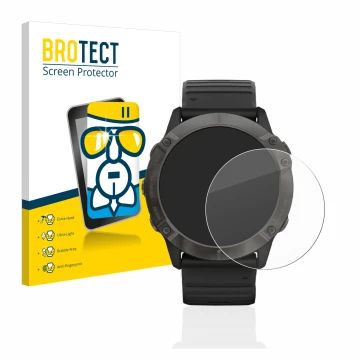 Front side of a product packaging with the brand logo BROTECT. Next to it is the device Garmin Fenix 6X Pro shown with the cor