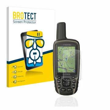 Front side of a product packaging with the brand logo BROTECT. Next to it is the device Garmin GPSMAP 64sx shown with the corr