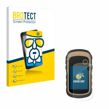 Front side of a product packaging with the brand logo BROTECT. Next to it is the device Garmin eTrex 32x shown with the corres
