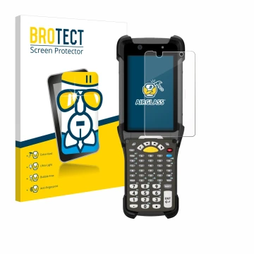 Front side of a product packaging with the brand logo BROTECT. Next to it is the device Zebra MC9300 shown with the correspond