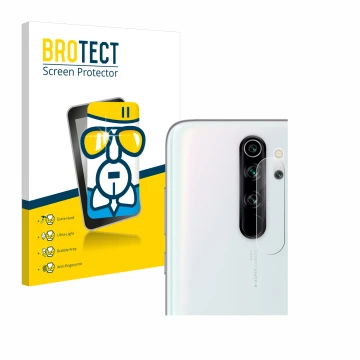 Front side of a product packaging with the brand logo BROTECT. Next to it is the device Xiaomi Redmi Note 8 Pro (ONLY Camera L
