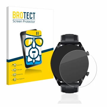 Front side of a product packaging with the brand logo BROTECT. Next to it is the device Huawei Watch GT 2 (46 mm) shown with t