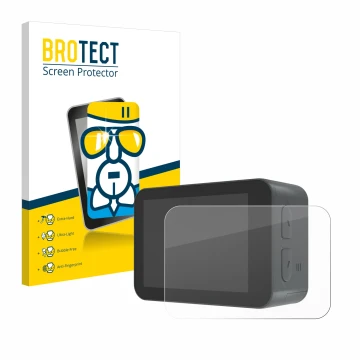 Front side of a product packaging with the brand logo BROTECT. Next to it is the device Akaso V50X shown with the correspondin