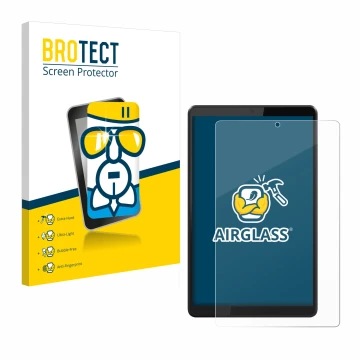 Front side of a product packaging with the brand logo BROTECT. Next to it is the device Lenovo Tab M8 shown with the correspon