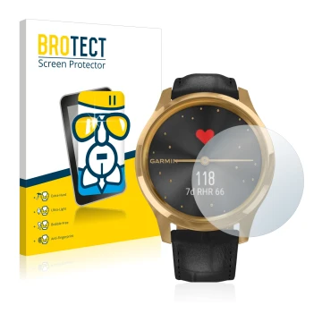 Front side of a product packaging with the brand logo BROTECT. Next to it is the device Garmin vivomove Luxe (42 mm) shown wit