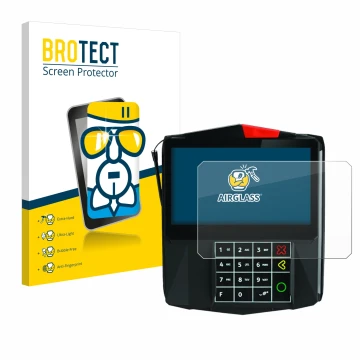 Front side of a product packaging with the brand logo BROTECT. Next to it is the device ingenico Lane/7000 shown with the corr