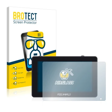 Front side of a product packaging with the brand logo BROTECT. Next to it is the device Feelworld F6 Plus shown with the corre