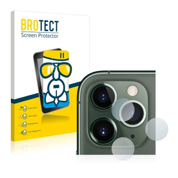 Front side of a product packaging with the brand logo BROTECT. Next to it is the device Apple iPhone 11 Pro Max (ONLY Camera L