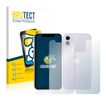 Front side of a product packaging with the brand logo BROTECT. Next to it is the device Apple iPhone 11 (Front+Back) shown wit