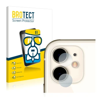 Front side of a product packaging with the brand logo BROTECT. Next to it is the device Apple iPhone 11 (ONLY Camera Lens) sho