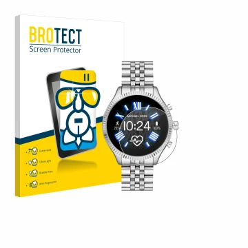 Front side of a product packaging with the brand logo BROTECT. Next to it is the device Michael Kors Access Lexington 2 shown 