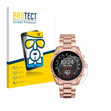 Front side of a product packaging with the brand logo BROTECT. Next to it is the device Michael Kors Access Bradshaw 2 shown w