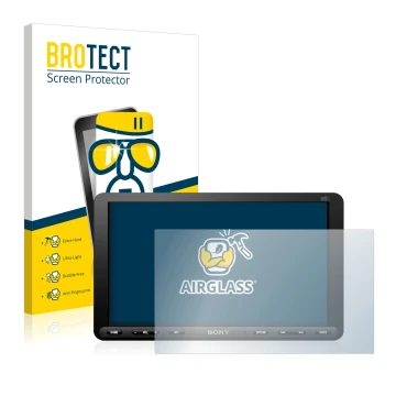 Front side of a product packaging with the brand logo BROTECT. Next to it is the device Sony XAV-AX8050D shown with the corres