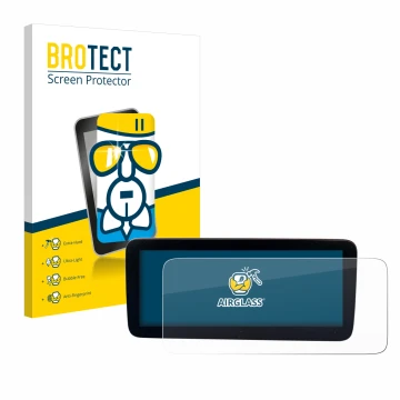 Front side of a product packaging with the brand logo BROTECT. Next to it is the device Mercedes-Benz Actros 2019 Cockpit 12