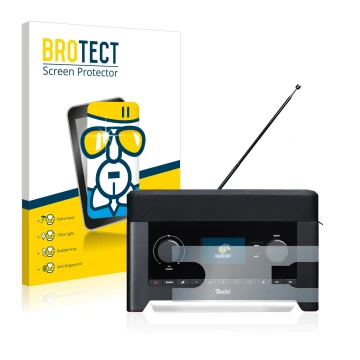 Front side of a product packaging with the brand logo BROTECT. Next to it is the device Teufel Radio 3sixty shown with the cor