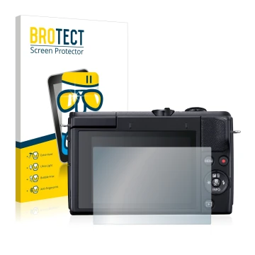 Front side of a product packaging with the brand logo BROTECT. Next to it is the device Canon EOS M200 shown with the correspo