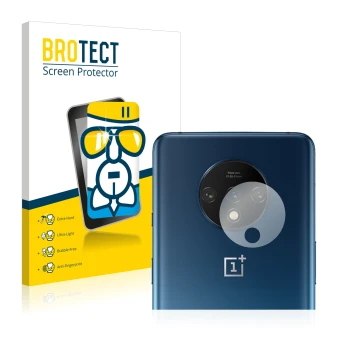 Front side of a product packaging with the brand logo BROTECT. Next to it is the device OnePlus 7T (ONLY Camera Lens) shown wi