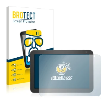 Front side of a product packaging with the brand logo BROTECT. Next to it is the device Amazon Echo Show 8 (1st Gen.) shown wi