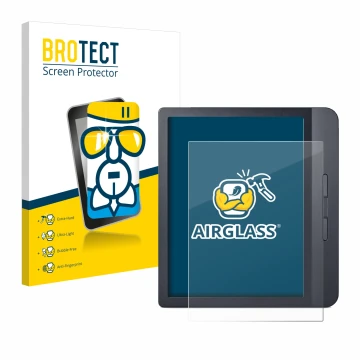 Front side of a product packaging with the brand logo BROTECT. Next to it is the device Kobo Libra H2O shown with the correspo