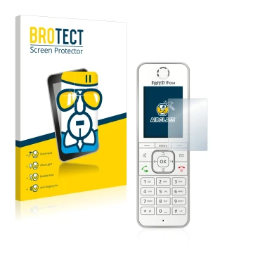 Front side of a product packaging with the brand logo BROTECT. Next to it is the device AVM Fritz!Fon C6 shown with the corres
