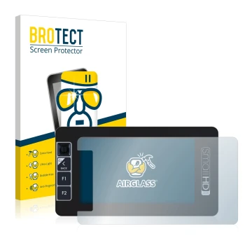 Front side of a product packaging with the brand logo BROTECT. Next to it is the device SmallHD 503 Ultra Bright shown with th