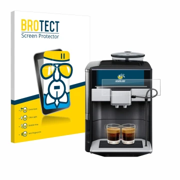 Front side of a product packaging with the brand logo BROTECT. Next to it is the device Siemens EQ.6 plus s700 shown with the 