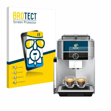 Front side of a product packaging with the brand logo BROTECT. Next to it is the device Siemens EQ.9 plus connect s700 4,3