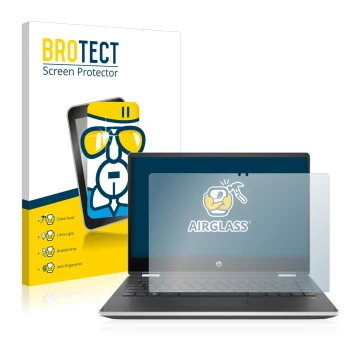 Front side of a product packaging with the brand logo BROTECT. Next to it is the device HP Pavilion x360 (14-dhX) shown with t