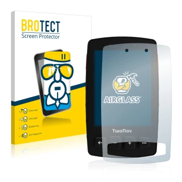 Front side of a product packaging with the brand logo BROTECT. Next to it is the device TwoNav Trail 2 shown with the correspo