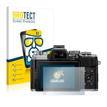 Front side of a product packaging with the brand logo BROTECT. Next to it is the device Olympus OM-D E-M5 Mark III shown with 