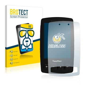 Front side of a product packaging with the brand logo BROTECT. Next to it is the device TwoNav Trail 2 Bike shown with the cor