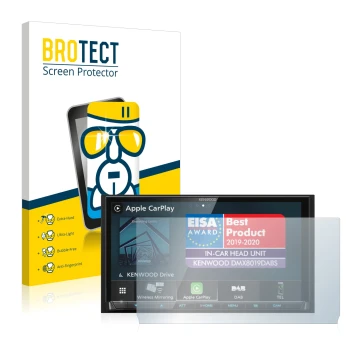Front side of a product packaging with the brand logo BROTECT. Next to it is the device Kenwood DMX8019DABS (with cutout) show