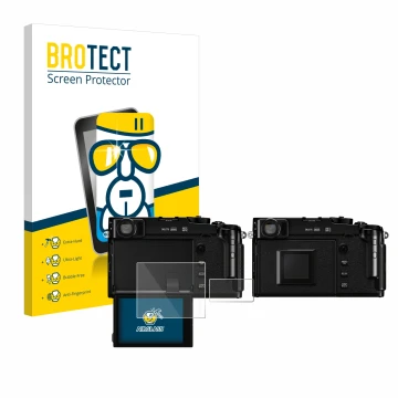 Front side of a product packaging with the brand logo BROTECT. Next to it is the device Fujifilm X-Pro3 shown with the corresp