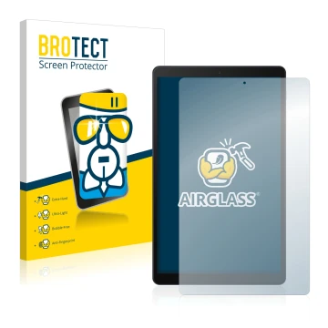 Front side of a product packaging with the brand logo BROTECT. Next to it is the device Samsung Galaxy Tab A 10.1 LTE 2019 sho