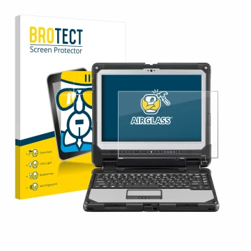 Front side of a product packaging with the brand logo BROTECT. Next to it is the device Panasonic Toughbook CF-33 shown with t