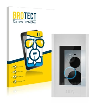 Front side of a product packaging with the brand logo BROTECT. Next to it is the device Ring Video Doorbell Elite shown with t