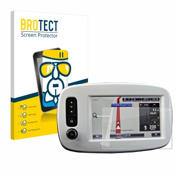 Front side of a product packaging with the brand logo BROTECT. Next to it is the device TomTom Smart 453 2018 shown with the c