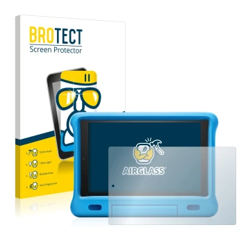 Front side of a product packaging with the brand logo BROTECT. Next to it is the device Amazon Fire HD 10 Kids 2019 (9th Gen.)