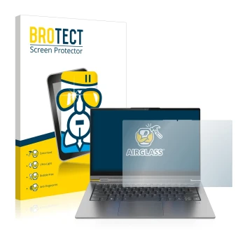 Front side of a product packaging with the brand logo BROTECT. Next to it is the device Lenovo Yoga C940 14